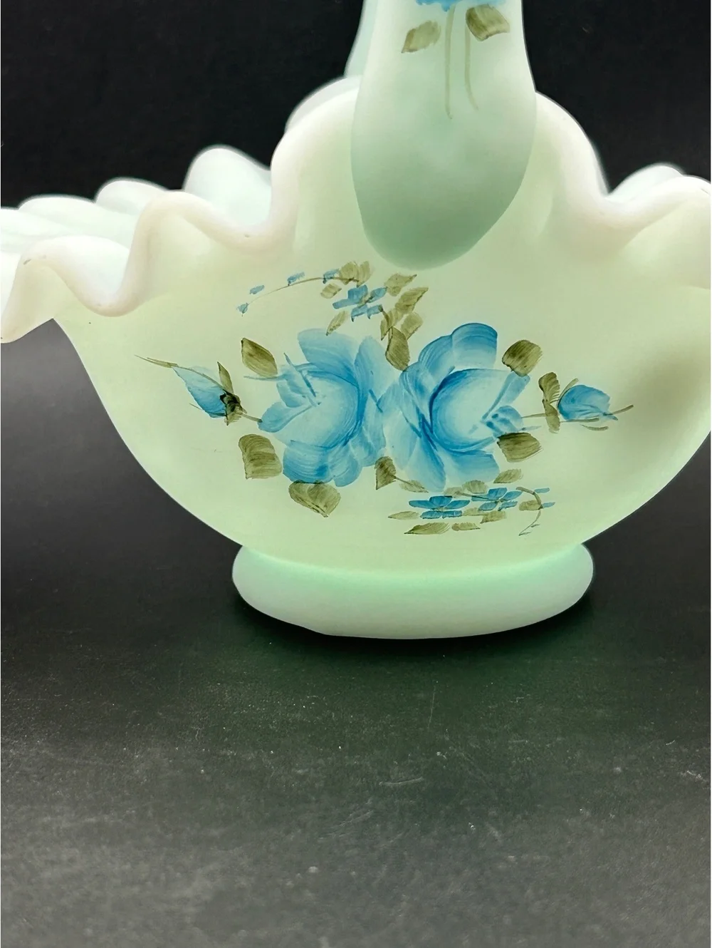 Fenton Light Blue Satin Ruffled Hand Painted Basket